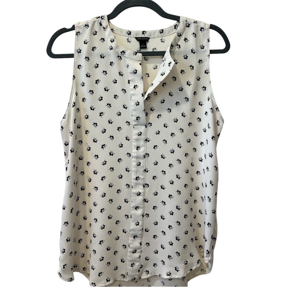 Ann Taylor Sleeveless Floral Cream and Navy, Sleeveless Blouse